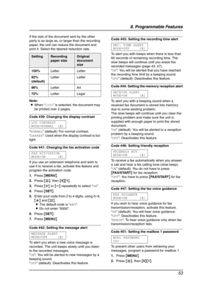 Page 558. Programmable Features
53
If the size of the document sent by the other 
party is as large as, or larger than the recording 
paper, the unit can reduce the document and 
print it. Select the desired reduction rate.
Note:
LWhen “100%” is selected, the document may 
be printed over 2 pages.
Code #39: Changing the display contrast
LCD CONTRAST
MODE=NORMAL [±]
“NORMAL” (default): For normal contrast.
“DARKER”: Used when the display contrast is too 
light.
Code #41: Changing the fax activation code
FAX...