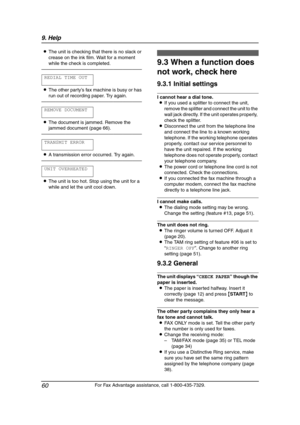 Page 629. Help
60
For Fax Advantage assistance, call 1-800-435-7329. LThe unit is checking that there is no slack or 
crease on the ink film. Wait for a moment 
while the check is completed.
—————————————————————
REDIAL TIME OUT
LThe other party’s fax machine is busy or has 
run out of recording paper. Try again.
—————————————————————
REMOVE DOCUMENT
LThe document is jammed. Remove the 
jammed document (page 66).
—————————————————————
TRANSMIT ERROR
LA transmission error occurred. Try again....