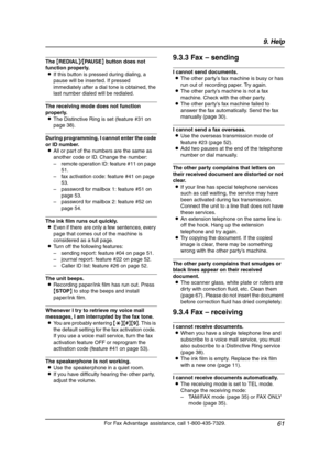 Page 639. Help
61
For Fax Advantage assistance, call 1-800-435-7329.
The {REDIAL}/{PAU S E} button does not 
function properly.
LIf this button is pressed during dialing, a 
pause will be inserted. If pressed 
immediately after a dial tone is obtained, the 
last number dialed will be redialed.
The receiving mode does not function 
properly.
LThe Distinctive Ring is set (feature #31 on 
page 38).
During programming, I cannot enter the code 
or ID number.
LAll or part of the numbers are the same as 
another code...