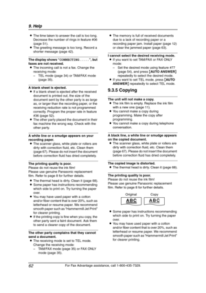 Page 649. Help
62
For Fax Advantage assistance, call 1-800-435-7329. LThe time taken to answer the call is too long. 
Decrease the number of rings in feature #06 
(page 51).
LThe greeting message is too long. Record a 
shorter message (page 42).
The display shows “CONNECTING.....”, but 
faxes are not received.
LThe incoming call is not a fax. Change the 
receiving mode:
–TEL mode (page 34) or TAM/FAX mode 
(page 35).
A blank sheet is ejected.
LIf a blank sheet is ejected after the received 
document is printed...