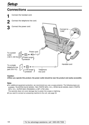 Page 1414
Setup
For fax advantage assistance, call 1-800-435-7329.
Connections!
To a single 
telephone line
jack (RJ11C) To a power 
outlet
(120 V, 60 Hz)
Telephone 
line cord Power cord
Power surge
protector(          )
Line surge
protector(         )
Connect to 
“LINE”.
Handset cord
1
Connect the handset cord.
2
Connect the telephone line cord.
3
Connect the power cord.
Note:
lFor additional equipment protection, we recommend you use a surge protector. The following types are
available: TELESPIKE BLOK...