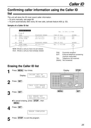 Page 25Caller ID
25
Sample of a Caller ID list The unit will store the 30 most recent caller information.
—To print manually, see page 69.
—To print automatically after every 30 new calls, activate feature #26 (p. 52).
Confirming caller information using the Caller ID 
list!
Erasing the Caller ID list !
SET
Display
MENU
STOP
1
Press four times.
Display:
2
Press .
3
Press .
lTo cancel erasing, press , then
.
4
Press .
5
Press to exit the program.STOP
ERASE COMPLETED
SET
MENU
STOP
ALL ERASE OK?
YES:SET/NO:STOP...