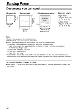 Page 3030
Sending Faxes
Documents you can send!
600 mm 
(23
5⁄8)
Minimum size 
128 mm
(5
)
128 mm
(5
)
Maximum size
216 mm
(8
1⁄2) Effective scanning area
Paper width
208 mm (83⁄16) 
 4 mmScanned
area
216 mm (81⁄2)
Document weight
Single sheet:
45 g/m
2to 90 g/m2
(12 lb. to 24 lb.)
Multiple sheets:
60 g/m
2to 75 g/m2
(16 lb. to 20 lb.)
Note:
lRemove clips, staples or other similar fasteners.
lCheck that ink, paste or correction fluid has dried.
lDo not send the following types of documents. Use copies for fax...