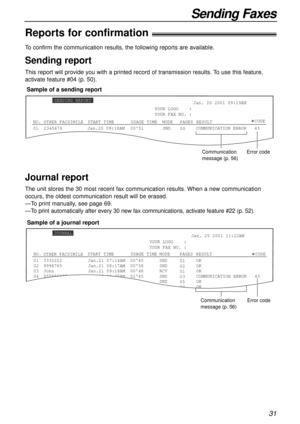 Page 3131
Sending Faxes
To confirm the communication results, the following reports are available.
Sending report
This report will provide you with a printed record of transmission results. To use this feature,
activate feature #04 (p. 50).
0123456780051SND
00COMMUNICATION ERROR   43 Jan. 20 2001 09:19AM
YOUR LOGO    :
YOUR FAX NO. :
Jan.20 09:18AM
SENDING REPORT
CODE
NO.USAGE TIMEMODEPAGES START TIMERESULT
OTHER FACSIMILE
Communication
message (p. 56)Error code
Sample of a sending report
Journal report
The...