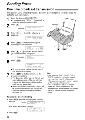 Page 3232
Sending Faxes
STOP
FACE DOWN
Display
SET
1
Insert the document FACE DOWN.
lIf necessary, press or repeatedly to
select the desired resolution (p. 28).
2
Press .
Display:
3
Press  or  until the following is
displayed.
4
Press  to start programming the
stations you want to transmit.
5
Press  or  until the desired station
you want to transmit is displayed.
Example:
6
Press .
lTo program other stations, repeat steps 5 
and 6 (up to 20 stations).
7
Press  to start transmission to the
programmed stations....