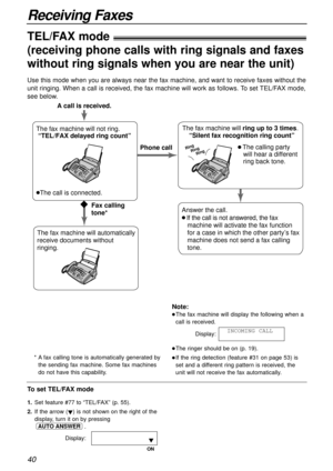 Page 4040
Receiving Faxes
TEL/FAX mode!
(receiving phone calls with ring signals and faxes
without ring signals when you are near the unit)
Note:
lThe fax machine will display the following when a
call is received.
Display:
lThe ringer should be on (p. 19).
lIf the ring detection (feature #31 on page 53) is
set and a different ring pattern is received, the
unit will not receive the fax automatically.INCOMING CALL
Use this mode when you are always near the fax machine, and want to receive faxes without the
unit...