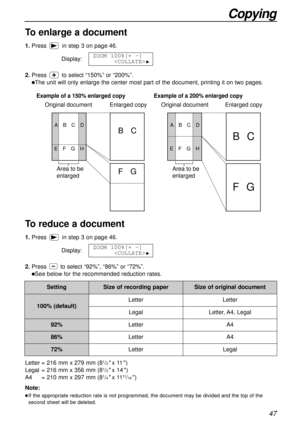 Page 4747
Copying
Enlarged copy Original document Original document
Example of a 200% enlarged copy
Area to be 
enlarged
BC
FG
ABCD
EFGH
Enlarged copy
Example of a 150% enlarged copy
BC
FG
ABCD
EFGH
Area to be 
enlarged
Note:
lIf the appropriate reduction rate is not programmed, the document may be divided and the top of the
second sheet will be deleted.
To enlarge a document
1.Pressin step 3 on page 46.
Display:
2.Press to select “150%” or “200%”. 
lThe unit will only enlarge the center most part of the...