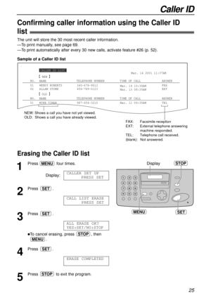 Page 25Caller ID
25
Sample of a Caller ID list The unit will store the 30 most recent caller information.
—To print manually, see page 69.
—To print automatically after every 30 new calls, activate feature #26 (p. 52).
Confirming caller information using the Caller ID 
list!
Erasing the Caller ID list !
SET
Display
MENU
STOP
1
Press four times.
Display:
2
Press .
3
Press .
lTo cancel erasing, press , then
.
4
Press .
5
Press to exit the program.STOP
ERASE COMPLETED
SET
MENU
STOP
ALL ERASE OK?
YES:SET/NO:STOP...