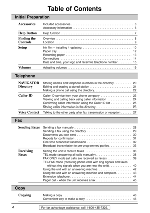 Page 44For fax advantage assistance, call 1-800-435-7329.
Table of Contents
Initial Preparation
AccessoriesIncluded accessories. . . . . . . . . . . . . . . . . . . . . . . . . . . . . . . . . . . . . 6
Accessory information. . . . . . . . . . . . . . . . . . . . . . . . . . . . . . . . . . . . 6
Help ButtonHelp function. . . . . . . . . . . . . . . . . . . . . . . . . . . . . . . . . . . . . . . . . . . 7
Finding the Overview. . . . . . . . . . . . . . . . . . . . . . . . . . . . . . . . . . . . . . . . . . ....