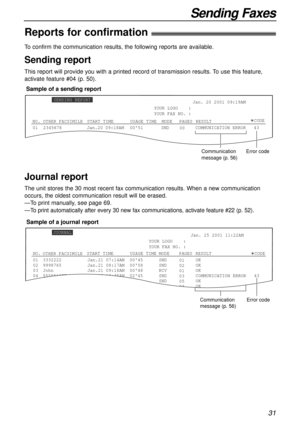 Page 3131
Sending Faxes
To confirm the communication results, the following reports are available.
Sending report
This report will provide you with a printed record of transmission results. To use this feature,
activate feature #04 (p. 50).
0123456780051SND
00COMMUNICATION ERROR   43 Jan. 20 2001 09:19AM
YOUR LOGO    :
YOUR FAX NO. :
Jan.20 09:18AM
SENDING REPORT
CODE
NO.USAGE TIMEMODEPAGES START TIMERESULT
OTHER FACSIMILE
Communication
message (p. 56)Error code
Sample of a sending report
Journal report
The...
