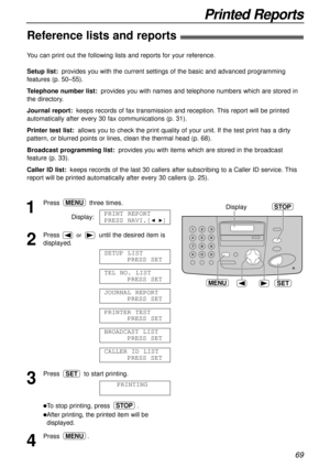Page 6969
Printed Reports
Reference lists and reports!
SET
Display
MENU
STOP1
Press three times.
Display:
2
Pressor until the desired item is
displayed.
3
Press  to start printing.
lTo stop printing, press  .
lAfter printing, the printed item will be
displayed.
4
Press .MENU
STOP
PRINTING
SET
CALLER ID LIST
PRESS SET
BROADCAST LIST
PRESS SET
PRINTER TEST
PRESS SET
JOURNAL REPORT
PRESS SET
TEL NO. LIST
PRESS SET
SETUP LIST
PRESS SET
PRINT REPORT
PRESS NAVI.[
IH]
MENU
You can print out the following lists and...