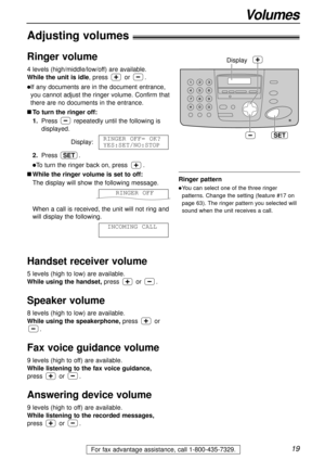 Page 1919
Volumes
For fax advantage assistance, call 1-800-435-7329.
Adjusting volumes!
Ringer volume
4 levels (high/middle/low/off) are available.
While the unit is idle, press or .
lIf any documents are in the document entrance,
you cannot adjust the ringer volume. Confirm that
there are no documents in the entrance.
nTo turn the ringer off:
1.Press repeatedly until the following is
displayed.
Display:
2.Press .
lTo turn the ringer back on, press .
nWhile the ringer volume is set to off:
The display will show...