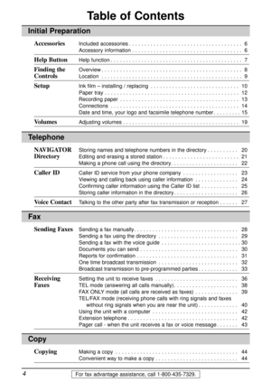 Page 44For fax advantage assistance, call 1-800-435-7329.
Table of Contents
Initial Preparation
AccessoriesIncluded accessories. . . . . . . . . . . . . . . . . . . . . . . . . . . . . . . . . . . . . 6
Accessory information. . . . . . . . . . . . . . . . . . . . . . . . . . . . . . . . . . . . 6
Help ButtonHelp function. . . . . . . . . . . . . . . . . . . . . . . . . . . . . . . . . . . . . . . . . . . 7
Finding the Overview. . . . . . . . . . . . . . . . . . . . . . . . . . . . . . . . . . . . . . . . . . ....