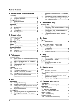 Page 4Table of Contents
4
1.  Ta ble of Contents1. Introduction and Installation
Accessories
1.1 Included accessories .....................................6
1.2 Accessory information ...................................6
Finding the Controls
1.3 Button descriptions ........................................7
1.4 Overview .......................................................8
Installation
1.5 Ink film ...........................................................8
1.6 Handset cord...