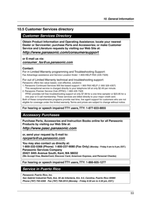 Page 5310. General Information
53
Cus tome r Serv ic es
10.5 Customer Services directory
Customer Services Directory
Panasonic Puerto Rico, Inc.  
San Gabriel Industrial Park, Ave. 65 de Infantería, Km. 9.5, Carolina, Puerto Rico 00985
Phone (787) 750-4300   Fax (787) 768-2910
 (Monday - Friday 8:30 am to 4:30 pm, EST.)
For hearing or speech impaired TTY users, TTY: 1-877-833-8855
For hearing or speech impaired TTY users, TTY: 1-866-605-1277
Purchase Parts, Accessories and Instruction Books online for all...