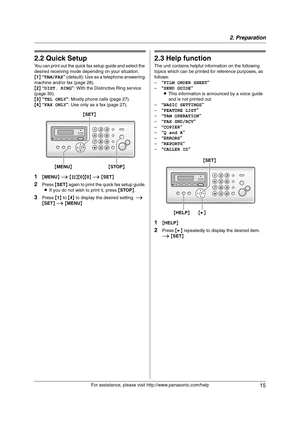 Page 152. Preparation
15
For assistance, please visit http://www.panasonic.com/help
2.2 Quick Setup
You can print out the quick fax setup guide and select the 
desired receiving mode depending on your situation.
{1} “TAM/FAX” (default): Use as a telephone answering 
machine and/or fax (page 28).
{2} “DIST. RING”: With the Distinctive Ring service 
(page 30).
{3} “TEL ONLY”: Mostly phone calls (page 27).
{4} “FAX ONLY”: Use only as a fax (page 27).
1{MENU} i {#}{0}{0} i {SET}
2Press {SET} again to print the...