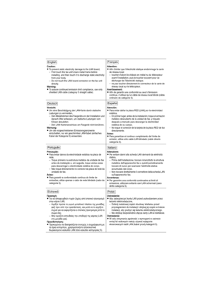 Page 3Caution:
LTo prevent static electricity damage to the LAN board,
– First touch the fax unit’s bare metal frame before 
installing, and then touch it to discharge static electricity 
from your body.
– Do not touch the LAN board connector on the fax unit 
directly.
Warning:
LTo assure continued emission limit compliance, use only 
shielded LAN cable (category 5 straight cable).
Attention:
LAfin d’éviter que l’électricité statique endommage la carte 
de réseau local:
– toucher d’abord le châssis en métal nu...