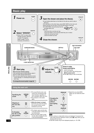 Page 12RQT8593
12
Basic play
Basic play
[Note[≥Discs continue to rotate while menus are displayed. To preserve the 
unit’s motor and your television screen, press [∫] (Stop) when you are 
finished with the menus.
≥Total title number may not be displayed properly on iR/iRW.
Using the main unit
OPEN/CLOSEEXCHANGE SKIP
POWERMUSICSURROUND
MUSICPORT
5DISCSELECTOR
SELECTOR
TUNINGTUNING
12345
MEMORYMEMORYTUNE MODETUNE MODEFM MODEFM MODE
VOLUMEDISCDISC
DISC SKIP DISC EXCHANGE
SURROUND MUSIC
POWER
SELECTOR
OPEN/CLOSE...