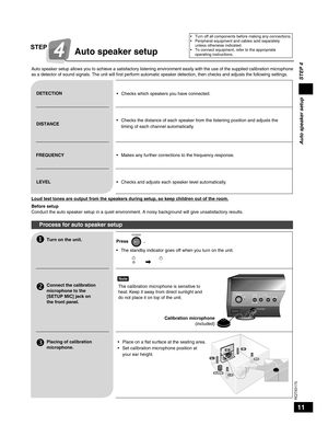 Page 1111
RQTX0175
TRA N SMITTERDIGITALPUSHPUSH
2
3
1
1
2
AC IN~
AC IN~
Auto speaker setup
STEP 4
Auto speaker setup
Auto speaker setup allows you to achieve a satisfactory listening environment easily with the use of the supplied calibration microphone 
as a detector of sound signals. The unit will ﬁrst perform automatic speaker detection, then checks and adjusts the following settings.
Process for auto speaker setup
Loud test tones are output from the speakers during setup, so keep children out of the room....