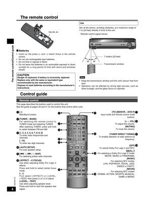 Page 44
RQTX0175
The remote control/Control guide
3
2
2
1
R6/LR6, AA
g Batteries
Insert  so  the  poles  (+  and  –)  match  those  in  the  remote 
control.
Do not use rechargeable type batteries.
Do not heat or expose to ﬂame.
Do 
not leave the batteries in an automobile exposed to direct 
sunlight  for  a  long  period  of  time  with  doors  and  windows 
closed.
•
•
•
•
Keep 
 the transmission window and the unit's sensor free from 
dust.
O
 peration  can  be  affected  by  strong  light  sources,...
