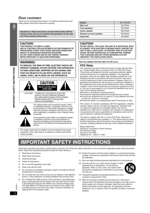 Page 2RQT8611
2
IMPORTANT SAFETY INSTRUCTIONS
Dear customer
Thank you for purchasing this product. For optimum performance and 
safety, please read these instructions carefully.
THE FOLLOWING APPLIES ONLY IN THE U.S.A.
Read these operating instructions carefully before using the unit. Follow the safety instructions on the unit and the applicabl e safety instructions listed 
below. Keep these operating instructions handy for future reference.
1) Read these instructions.
2) Keep these instructions.
3) Heed all...