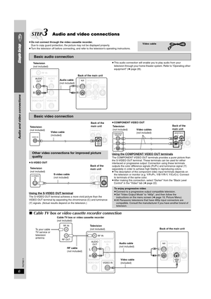 Page 6RQT8611
6
Simple Setup
≥Do not connect through the video cassette recorder.
Due to copy guard protection, the picture may not be displayed properly.
≥ Turn the television off before connecting, and re fer to the television’s operating instructions.
≥This audio connection will enable you to play audio from your 
television through your home theater system. Refer to “Operating other 
equipment” ( ➜page 28).
≥ S-VIDEO OUT
Using the S-VIDEO OUT terminalThe S-VIDEO OUT terminal achieves a more vivid picture...