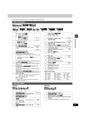 Page 2323
RQT7089
Disc operations
Unless otherwise indicated, select items with [2, 1] and change with [3, 4].
Audio/Subtitle language
[Play\menu] [Audio\menu] 
Disc information
2 2 1 : 46 : 50Digital
1 ENG 3/2.1 chON
1 ENG
1
1
23456
128kbps
44.1kHz12 18Vo c a l
1        OFF  Page1  ReturnSlideshow1ON
L R
789:;
SlideshowON    0 sec
?@
1PG: Program number [RAM]
PL: Play list number [RAM]
G: Group number 
[DVD-A] [WMA] [MP3] [JPEG]
T: Title number [DVD-V]
Track number [VCD] [CD][3, 4]
;
[ENTER]
2T: Track number...