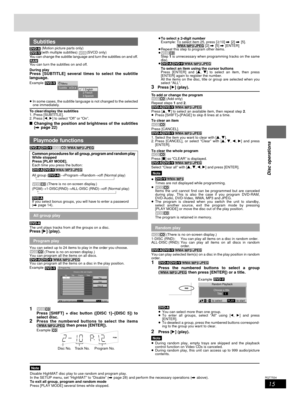 Page 1515
RQT7534
10HBI 10HBI
10HBI
10HBI
Disc operations
Note
Disable HighMAT disc play to use random and program play.
In the SETUP menu, set “HighMAT” to “Disable” (A page 28) and perform the necessary operations (A above).
To exit all group, program and random mode
Press [PLAY MODE] several times while stopped.¡To select a 2-digit number
Example: To select item 25, press [X10] A [2] A [5].
 [2] A [5] A [ENTER]
¡Repeat this step to program other items.
¡
Step 1 is unnecessary when programming tracks on the...