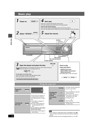 Page 1010
RQT7969
Basic play
Basic play
[Note[
≥Discs continue to rotate while menus are displayed. Press [∫] 
when you finish to preserve the unit’s motor and your television 
screen.
≥Total title number may not be displayed properly on iR/iRW.
1234 5OPENCLOSEDISC CHANGEDISC CHECKSELECTOR
TUNE MODEFM MODE MEMORY
PROGRESSIVE CD MODEDISC
POWER
DOWN UP
PHONES
VOLUMEAC IN
TUNING
VOLUME
DOWN    UP
PROGRESSIVE
DISC CHANGE
DISC CHECK
POWER
SELECTOR
OPENCLOSE
4Start play.
≥The tray is closed automatically and play...