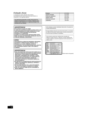 Page 22
RQT7971
Estimado cliente
Le agradecemos haber adquirido este producto.
Lea cuidadosamente estas instrucciones para obtener un 
rendimiento y una seguridad óptimos.
Las operaciones descritas en estas instrucciones se 
realizan principalmente con el mando a distancia, pero 
también puede realizarlas en el aparato principal si los 
controles son los mismos.
SistemaSC-HT680
Aparato principalSA-HT680
Altavoces delanterosSB-FS680
Altavoz centralSB-PC680
Altavoces surroundSB-FS681
SubwooferSB-W680...