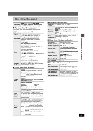Page 1919
RQT7971
Utilización de los menús en pantalla
∫Play Menu (Menú de reproducción)
(Sólo cuando puede visualizarse el tiempo de reproducción 
transcurrido.
[JPEG]: Funciona con todo el contenido JPEG.)
∫Picture Menu (Menú de imagen)∫Audio Menu (Menú de audio)
∫Display Menu (Menú de visualización)
∫Other Menu (Menú de otras funciones)
Other Settings (Otros ajustes)
Play Speed
[DVD-A] (Parte de película) [RAM] [DVD-V]
Para cambiar la velocidad de reproducción
– de “k0.6” a “k1.4” (en unidades de 0,1)...