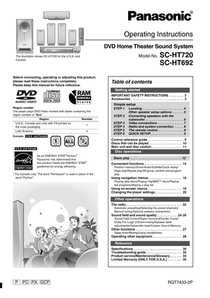 Page 1RQT7433-2P GCP PPC PX
Operating Instructions
DVD Home Theater Sound System
Model No. SC-HT720
SC-HT692The illustration shows SC-HT720 for the U.S.A. and 
Canada.
Before connecting, operating or adjusting this product, 
please read these instructions completely.
Please keep this manual for future reference.
Region number
The player plays DVD-Video marked with labels containing the 
region number or “ALL”.
Example:[U.S.A.[and[Canada[
§ For Canada only: The word “Participant” is used in place of the
word...