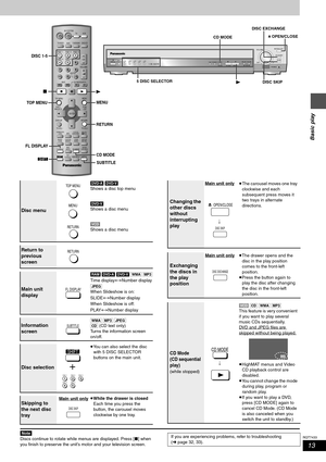 Page 1313
RQT7433
Basic play
[Note[
Discs continue to rotate while menus are displayed. Press [∫] when 
you finish to preserve the unit’s motor and your television screen.
VOLUME
123
456
78
09CH
CANCEL
SKIPSLOW/SEARCH
MENU
ENTER
DIRECT 
NAVIGATOR
TOP MENU
RETURN
DISPLAY
AV SYSTEMVCRTV
TV/VIDEOTUNER/BANDAUXDV D / C D
DISC 1 DISC 2 DISC 3
DISC 4 DISC 5
S10ENTER
PLAY 
LIST
TV VOL
TV VOLSUBWOOFER
LEVELSFCC.FOCUSSUPER SRNDMIX 2CH
   PL
SLEEP
C.S.MPOSITION
MEMORYZOOMAUDIOSETUPMUTING
FL DISPLAYPA G E
GROUPCD...