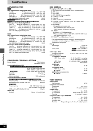 Page 3030
RQT7433
Specifications
Specifications
AMPLIFIER SECTION
[HT720]
RMS Output Power: Dolby Digital Mode
Front Ch 70 W per channel (4 ≠), 1 kHz, 10 % THD
Surround Ch  70 W per channel (4 ≠), 1 kHz, 10 % THD
Center Ch  260 W per channel (4 ≠), 1 kHz, 10 % THD
Subwoofer Ch  260 W per channel (4 ≠), 100 Hz, 10 % THD
Total RMS Dolby Digital mode power  800 W
[Latin[America PMPO Output Power6500 W
[U.S.A.,\Canada\and[units\with\PX\printed\on	he\outer\packaging[:
FTC Output Power: Dolby Digital Mode
Front Ch 45...