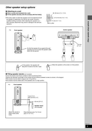 Page 55
RQT7433
Other speaker setup options
Other speaker setup options
∫Attaching to a wall
1Drive a screw (not included) into a wall.
2Fit the speaker securely onto the screw(s) with the hole(s).
≥The wall or pillar on which the speakers are to be attached should 
be capable of supporting 10 kg (22 lb.) per screw. Consult a 
qualified building contractor when attaching the speakers to a 
wall. Improper attachment may result in damage to the wall and 
speakers.
∫Fitting speaker stands (not included)
Ensure...