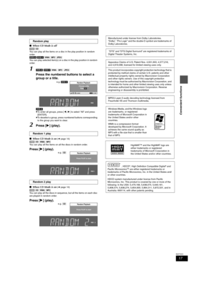 Page 1717
RQT7972
Convenient functions
∫When CD Mode is off
[VCD] [CD]
You can play all the items on a disc in the play position in random 
order.
[DVD-A]
 [DVD-V] [WMA] [MP3] [JPEG]
You can play selected item(s) on a disc in the play position in random 
order.
1[DVD-A] [DVD-V] [WMA] [MP3] [JPEG]
Press the numbered buttons to select a 
group or a title.
[DVD-A]
≥To enter all groups, press [2,1] to select “All” and press 
[ENTER].
≥To deselect a group, press numbered buttons corresponding 
to the group you want...