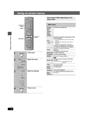 Page 2020
RQT7972
Using on-screen menus
Using on-screen menus
1Press once.
2Select the menu.
3Make the settings.
4Press to exit.
VOLUME
CH
SKIPSLOW/SEARCH
MENU
DIRECT
NAVIGATOR
TOP MENU
RETURN
FUNCTIONS
VCRTV
TUNER/BANDTV/VIDEODISC
ENTER
SUBWOOFER
LEVELSUPER SRND
H.BASSC.FOCUS
SFC
CD MODE
PLAY MODE
TEST
CH SELECTSETUP
MUTINGMIX 2CHPL
ZOOM
CM SKIPSUBTITLE
AUD IO
PLAY SPEED
QUICK REPLAY
SLEEP
QUICK OSD
ADVANCEDDISC REVIEW
FL DISPLAY REPEAT
SHIFT
ANGLE/PAGE
GROUP
AV SYSTEM
DV D / C D
PLAY 
LIST
TV VOLTV VOL
ENTER...