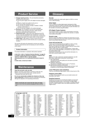 Page 3434
RQT7972
Product Service/Maintenance/Glossary
Product Service
1. Damage requiring service— The unit should be serviced by 
qualified service personnel if:
(a) The AC power supply cord or AC adaptor has been damaged; 
or
(b) Objects or liquids have gotten into the unit; or
(c) The unit has been exposed to rain; or
(d) The unit does not operate normally or exhibits a marked 
change in performance; or
(e) The unit has been dropped or the cabinet damaged.
2. Servicing —Do not attempt to service the unit...