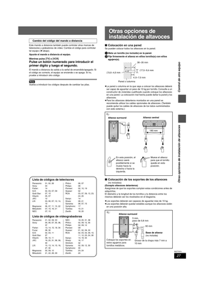 Page 2727
RQT7974
Otras opciones de instalación de altavoces
Control de otro equipo
Este mando a distancia también puede controlar otras marcas de 
televisores y grabadoras de vídeo. Cambie el código para controlar 
tal equipo (➜abajo).
Apunte el mando a distancia al equipo.
Mientras pulsa [TV] o [VCR]
Pulse un botón numerado para introducir el 
primer dígito y luego el segundo.
El mando a distancia da salida a la señal de encendido/apagado. Si 
el código es correcto, el equipo se enciende o se apaga. Si no,...