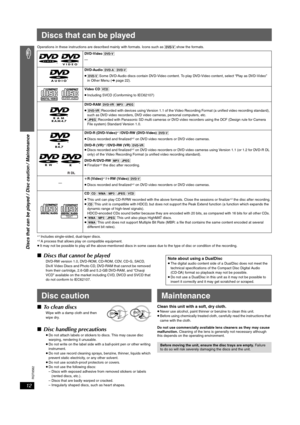 Page 12RQT8582
12
Discs that can be played / Disc caution / Maintenance
Discs that can be played
Operations in these instructions are described mainly with formats. Icons such as [DVD-V] show the formats.
§1Includes single-sided, dual-layer discs.§2A process that allows play on compatible equipment.
≥It may not be possible to play all the above-mentioned discs in some cases due to the type of disc or condition of the recording.
∫Discs that cannot be played
DVD-RW version 1.0, DVD-ROM, CD-ROM, CDV, CD-G, SACD,...