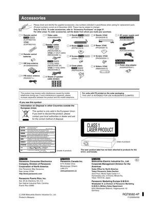 Page 40
[For\U.S.A.]Panasonic Consumer Electronics 
Company, Division of Panasonic 
Corporation of North America
One Panasonic Way Secaucus,
New Jersey 07094
http://www.panasonic.com
Panasonic Puerto Rico, Inc.Ave. 65 de Infantería, Km. 9.5
San Gabriel Industrial Park, Carolina,
Puerto Rico 00985[For\Canada]
Panasonic Canada Inc.5770 Ambler Drive
Mississauga, Ontario
L4W 2T3
www.panasonic.ca
C  2006 Matsushita Electric Industrial Co., Ltd.
RQT8582-4P
Printed in Malaysia F1205KN4056
[For\others]
Matsushita...