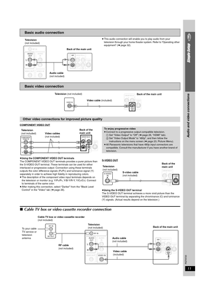 Page 11RQT8720
11
Simple Setup
≥This audio connection will enable you to play audio from your 
television through your home theater system. Refer to “Operating other 
equipment” (➜page 32).
COMPONENT VIDEO OUT
≥Using the COMPONENT VIDEO OUT terminalsThe COMPONENT VIDEO OUT terminals provides a purer picture than 
the S-VIDEO OUT terminal. These terminals can be used for either 
interlaced or progressive output. Connection using these terminals 
outputs the color difference signals (P
B/PR) and luminance signal...