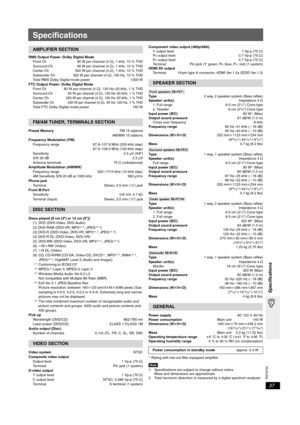 Page 37RQT8720
37
Specifications
Specifications
RMS Output Power: Dolby Digital Mode
Front Ch  90 W per channel (4≠), 1 kHz, 10 % THD
Surround Ch  90 W per channel (4≠), 1 kHz, 10 % THD
Center Ch 320 W per channel (4≠), 1 kHz, 10 % THD
Subwoofer Ch  320 W per channel (4≠), 100 Hz, 10 % THD
Total RMS Dolby Digital mode power  1000 W
FTC Output Power: Dolby Digital Mode
Front Ch 60 W per channel (4 ≠), 120 Hz–20 kHz, 1 % THD
Surround Ch
60 W per channel (4 ≠), 120 Hz–20 kHz, 1 % THDCenter Ch250 W per channel (4...