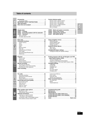 Page 33
RQT7388
Table of contents
Accessories  . . . . . . . . . . . . . . . . . . . . . . . . . . . . . . . . .4
The remote control  . . . . . . . . . . . . . . . . . . . . . . . . . . . . . . . 4
IMPORTANT SAFETY INSTRUCTIONS . . . . . . . . . . . .5
Tape information  . . . . . . . . . . . . . . . . . . . . . . . . . . . . .5
Discs that can be played . . . . . . . . . . . . . . . . . . . . . . .6Control reference guide  . . . . . . . . . . . . . . . . . . . . . . . 7
Remote control—common buttons . . . . . ....