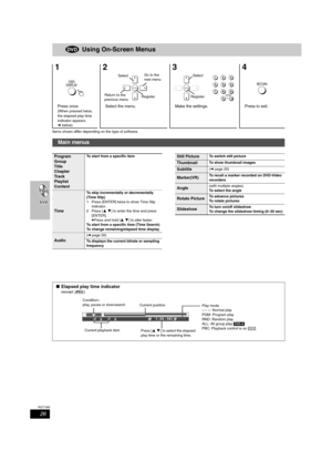 Page 2626
RQT7388
Using On-Screen Menus
Items shown differ depending on the type of software.
12 3 4
Press once.
(When pressed twice, 
the elapsed play time
 
indicator appears. 
➜below)
Select the menu. Make the settings. Press to exit.
Main menus
OSD/
DISPLAY
ENTER
SelectGo to the 
next menu
Return to the 
previous menuRegister
ENTER
123
456
78
09
S10ENTER
Select
Register
RETURN
Program
Group
Title
Chapter
Tr a c k  
Playlist
ContentTo start from a specific item
Time
To skip incrementally or decrementally...