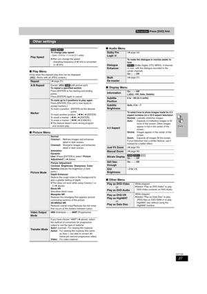 Page 2727
RQT7388
∫Play Menu
(Only when the elapsed play time can be displayed
[JPEG]: Works with all JPEG content.)
∫Picture Menu∫Audio Menu
∫Display Menu
∫Other Menu
Other settings
Play Speed
[RAM] [DVD-V]
To change play speed
–from k0.6 to k1.4 (in 0.1 units)
≥After you change the speed
–Sampling frequency of 96 kHz is converted 
to 48 kHz.
Repeat(➜page 21)
A-B RepeatExcept [JPEG] [RAM] (still picture part)
To repeat a specified section
Press [ENTER] at the starting and ending 
points. 
Press [ENTER] again...