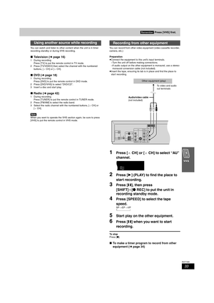 Page 3333
RQT7388
You can watch and listen to other content when the unit is in timer 
recording standby or during VHS recording.
∫Television (➜page 16)
1 During recording
Press [TV] to put the remote control in TV mode.
2 Press [TV/VIDEO] then select the channel with the numbered 
buttons, [WCH] or [XCH].
∫DVD (➜page 18)
1 During recording
Press [DVD] to put the remote control in DVD mode.
2 Press [DVD/VHS] to select “DVD/CD”.
3 Insert a disc and start play.
∫Radio (➜page 42)
1 During recording
Press [TUNER]...