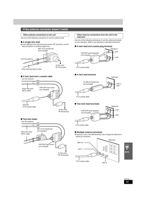 Page 4949
RQT7388
Use one of the following connections to suit the antenna lead.
∫A single twin lead
≥If your television has both lead and coaxial VHF terminals, use the 
lead connection to minimize signal loss.
∫A twin lead and a coaxial cable
∫Two twin leads
Use one of the following connections to suit the antenna terminals 
on your television. Refer to the television’s operating instructions.
∫A twin lead and coaxial plug terminal
∫A twin lead terminal
∫Two twin lead terminals
∫Multiple antenna terminals...