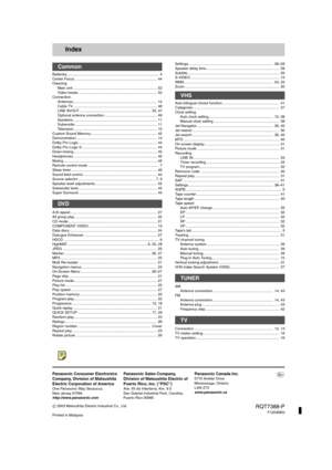 Page 56Index
Batteries........................................................................................... 4
Center Focus ................................................................................. 44
Cleaning
Main unit ................................................................................... 52
Video heads .............................................................................. 52
Connection
Antennas......................................................................................