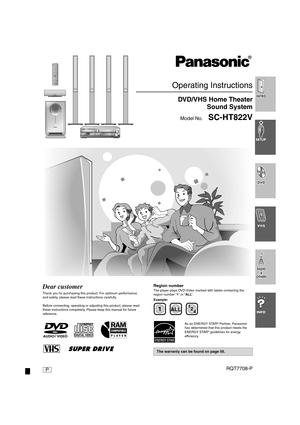 Page 1Operating Instructions
DVD/VHS Home Theater
Sound System
Model No.SC-HT822V
Dear customer
Thank you for purchasing this product. For optimum performance 
and safety, please read these instructions carefully.
Before connecting, operating or adjusting this product, please read 
these instructions completely. Please keep this manual for future 
reference.
Region number
The player plays DVD-Video marked with labels containing the 
region number “1” or “ALL”.
Example:
As an ENERGY STAR
® Partner, Panasonic...